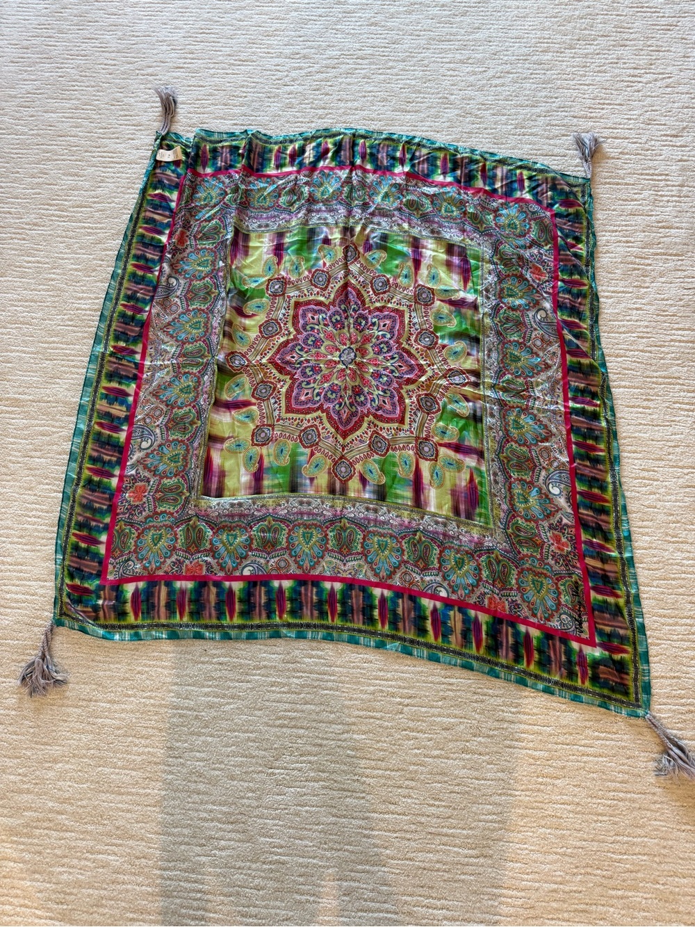 Johnny Was Green Multicolor Paisley Medallion Scarf with Tassels